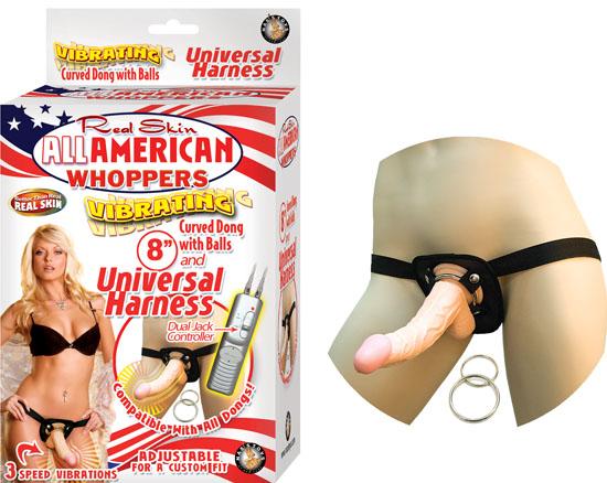 All American Whoppers 8 inches Vibrating Dong & Universal Harness Beige